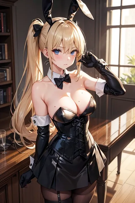 slender, mature female, 1girl, rating:safe, pantyhose, gloves, breasts, blonde_hair, blue_eyes, leotard, bare_shoulders, detached_collar, strapless, large_breasts, solo, black_gloves, cleavage, bunny_ears, bowtie, looking_at_viewer, indoors, detached_sleev...