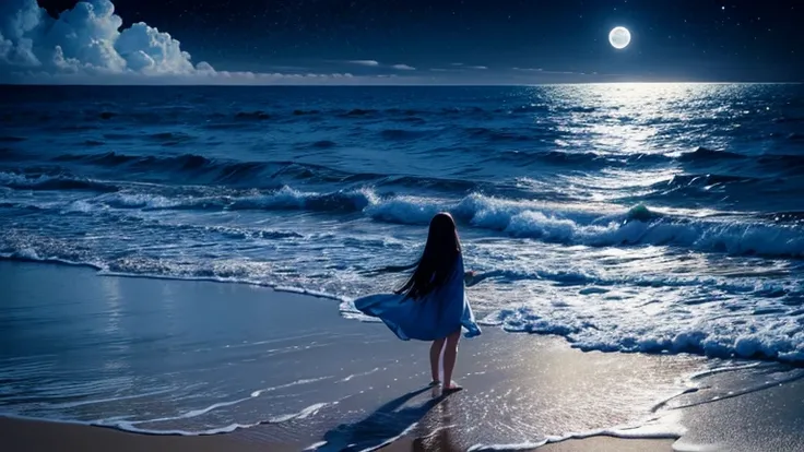 Moonlit Sea、Ripples、beach、full moon、Blue Night Sky、star、Sandy Beach、Fantasy、The moon is reflected in the sea