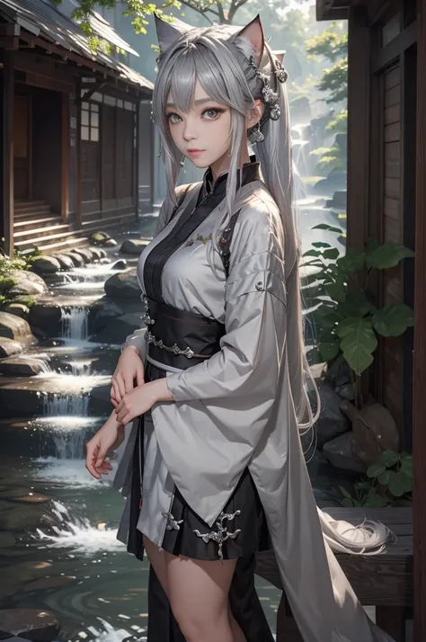 (masterpiece, best quality, high resolution: 1.2), 1 girl, Solitary, Double tail, Gray eyes, Upper Body, skirt, Silver Hair, Cat ear, wilderness, 