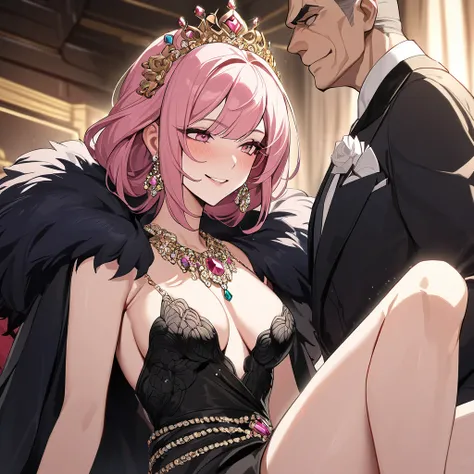 ((highest quality)), ((masterpiece)), (detailed), （Perfect Face）、（The woman is Lena, a dignified evil emperor with short pink hair and a happy smile, and the man is naked from the waist down and has sex with the woman on a luxurious bed in a luxurious bedr...