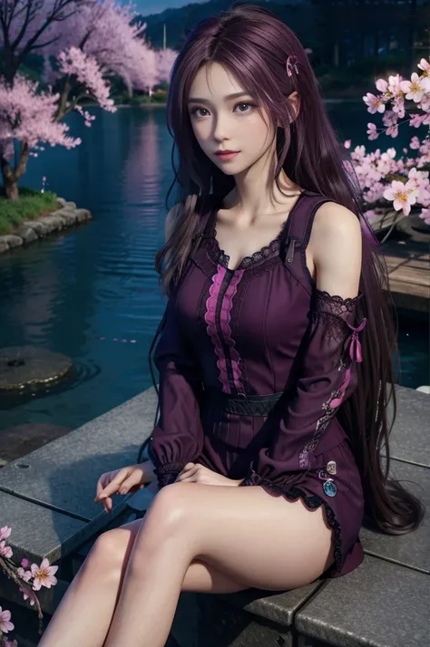 8K, Ultra high quality, masterpiece, HD color, 1 girl, Perfect face, very long curly hair, delicate eyes, Simple clothes, ((Magenta clothing)), Socks, ((Crisscross lace)), sardine, Shoulder Straps, Netsuit, ((Long loop)), jewelry, Waterside, Realistic scen...