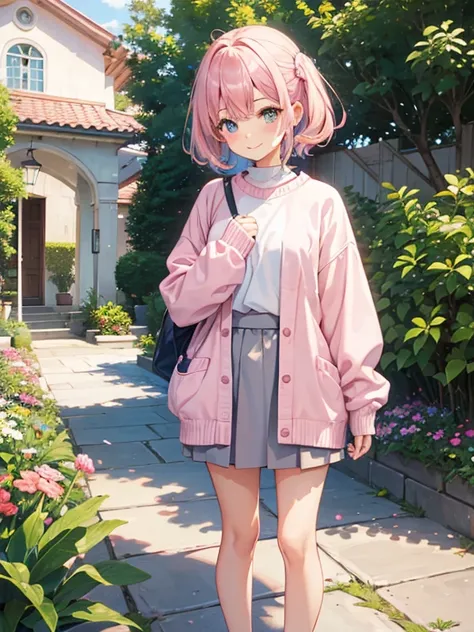 One Girl、Pink Hair、pastel colour、cute、blush, Small breasts, sweater, mini skirt, Knee-length, thing, noon, garden, date, , smile, cold、cute