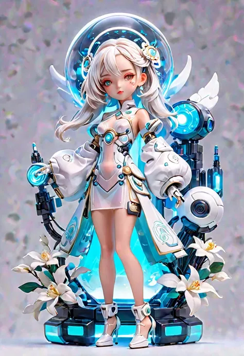 (Blind box toy styles:1.2),whole body, Solitary,White background,(The future of robot women，beautiful girl face ,White Jasmine Transparency Dress, glowing electronic components,Gloves, High heel),(Oriental elements, Chinese color,very colorful),3D