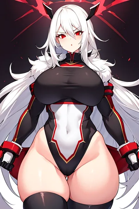 1girl, white hair, long hair, red eyes, serious, glowing eyes, large breasts, thick thighs, mature female, athletic  female, toned, leotard, black leotard, knife, fur trim, fur, fur-trimmed jacket