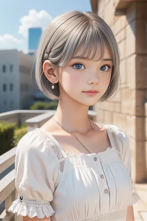 ((SFW: 1.4)), ((Delicate face, Professional photography)), ((SFW, Super short hair, hair on the temples, silver hair, thin braids, clear sky blue eyes, earrings, 1 girl)), Ultra-high resolution, (Practical: 1.4), RAW photos, best quality, (PhotoPractical S...