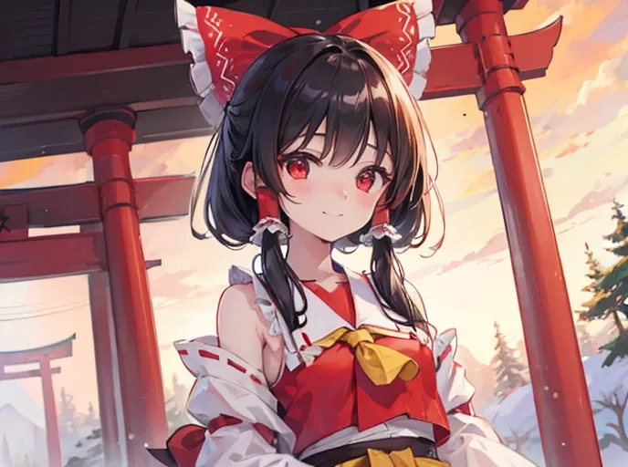 Oriental Project　hakurei reimu　Background Shrine and Torii　evening　Looking at me　Smiling　Upper Body