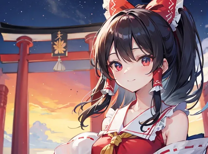 Oriental Project　hakurei reimu　Background Shrine and Torii　evening　Looking at me　Smiling　Upper Body