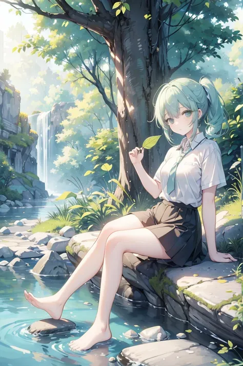 1girl,Green eyes, light blue hair, tied in a ponytail, wearing casual clothes, holding a leaf in his right hand, sitting on a stone, stepping on the stream, with trees and stones nearby，bright golden sunlight, 8k, looking at viewer