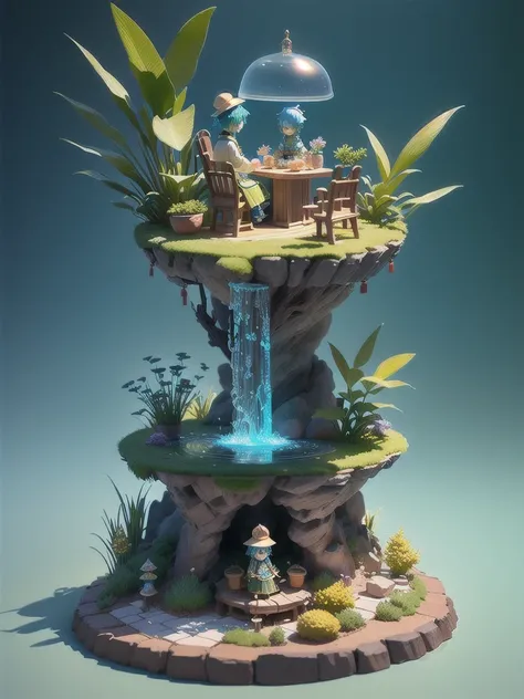 Cute wAter element, three people, 18 yeArs old, Two little boys, A , sitting on it An oversized trAnspArent decorAtive drum, beAutiful pot, A trAnspArent semeric pot, plAying drums, Eco-friendly, weAring A drum on his heAd As A hAt, A boy on blue liquid hA...