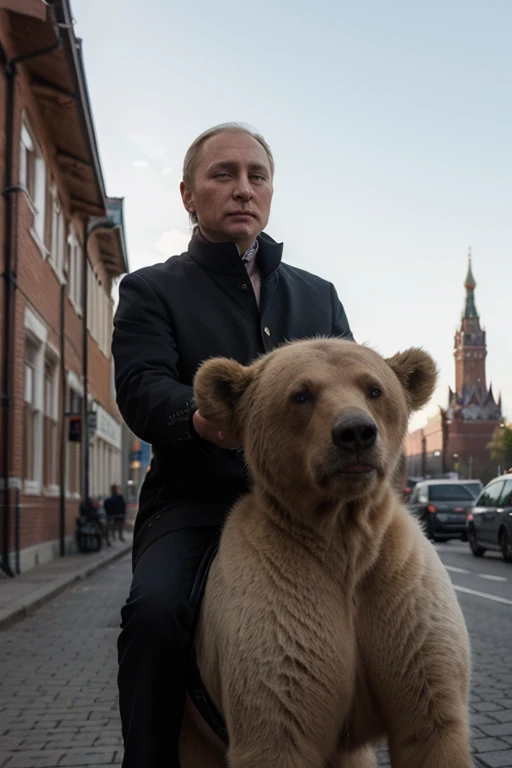 ((Best quality)), ((Meisterwerk)), (Detaillierte), perfektes Gesicht, Putin rides a brown bear, bare upper body, in einer Hand Flasche Vodka, in der anderen russische Flagge, hinten sind Berge