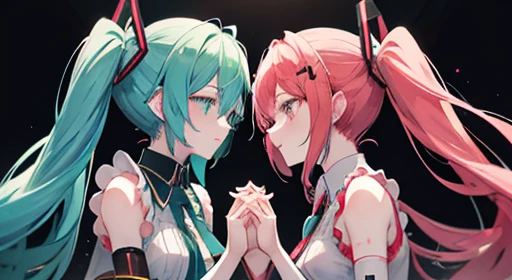 VocaloidKasane teto　Vocaloid hatune muku　Kasane TetoとHatsune MikuがHands clasped together　Looking at me　Upper Body　Hatsune Miku　Kasane Teto　Hands clasped together