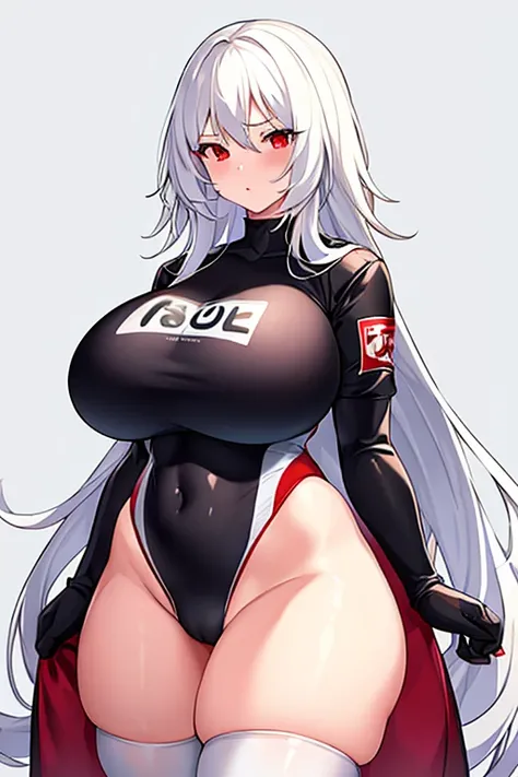 1girl, white hair, long hair, red eyes, serious, glowing eyes, large breasts, thick thighs, mature female, athletic female, toned, one-piece swimsuit, competition swimsuit, long sleeves, sleeves, gloves, black one-piece swimsuit, thighhighs, wet