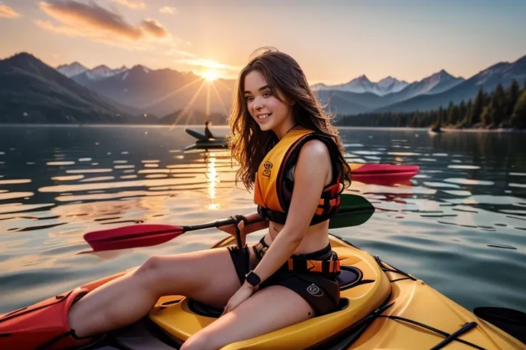 a gorgeous Hailee Steinfeld, age 25, wet wavy hair in the wind. shes a men magazine model, (she wears a crop top and sexy life jacket:1.2), background beautiful lake and forest in Montana, (sunset lighting:1.3), (she is sitting in a kayak:1.5), paddling, l...