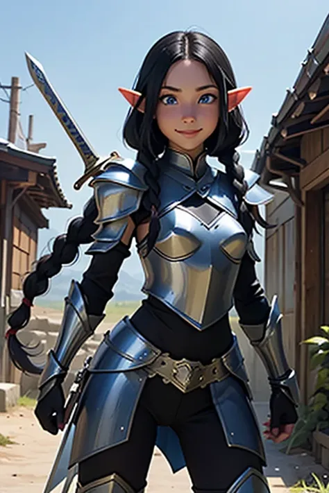 Artwork, best quality, 1 female elf, 1 girl, long black hair in braids, blue eyes, small bust, looking at viewer, weapons depot, Alone, Beautiful 18 year old elf wearing light battle armor, testing new sword with a euphoric smile, weapons depot scenario