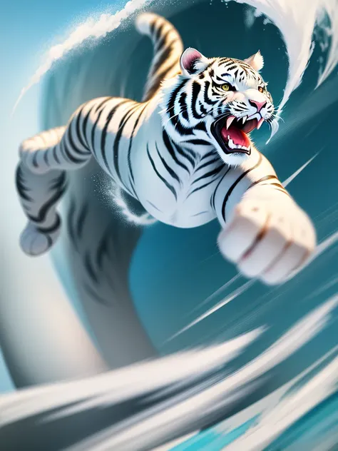 (cute white tiger surfing:1.2), no one, red cliff, 2d, cartoon style, (motion blur), (best works), (masterpiece), (best quality)...