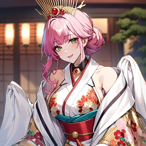 ((highest quality)), ((masterpiece)), (detailed), （Perfect Face）、（The woman is Rena, with short pink hair, a happy smile and is in a luxurious samurai mansion.、The woman is a consort to Oda Nobunaga, and is wearing a gorgeous embroidered uchikake kimono wi...