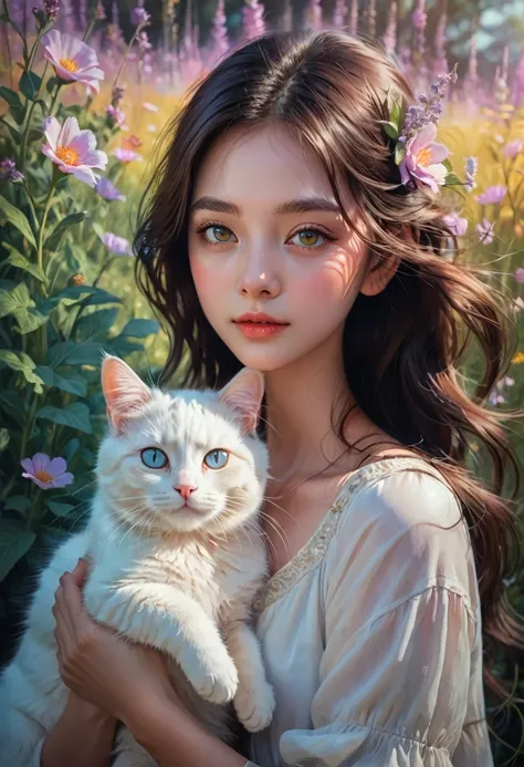 girl with cat, a beautiful girl with a cat, girl with a cute cat, girl petting a cat, girl in a flowery meadow with a cat, girl ...