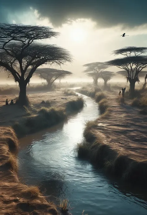 super detailed,surreal african scene,evil spirits appear over the village river,distance viewing angle