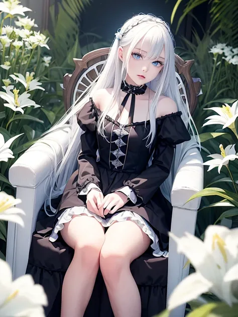 Teen girl with white hair with light ripples, ice-blue eyes with long eyelashes and pale skin with reddish lips, wearing a black dress with ruffled and long sleeves, sitting on a throne and surrounded by white lilies.