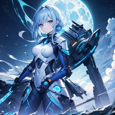 8k, highest quality, (real:1.4), Original photo, 1 girl, Asari Hair, Biological Amplifier, refined armor, posture: Peace talks between warring factions, smart blue eyes,Big moon in the background
