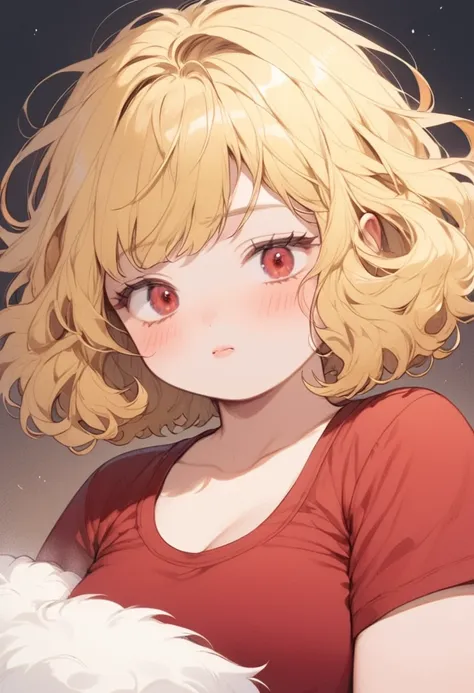 fat girl、blonde、bob cut hair、fluffy hair、permed hair、red eyes、sleepy face、red tank top、face in a daze、small breasts