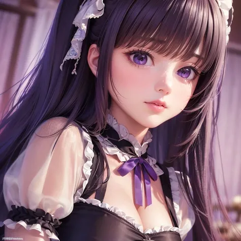 (best quality,4k,8k,highres,masterpiece:1.2),ultra-detailed,(realistic,photorealistic,photo-realistic:1.37),Disneyland,Lolita Fashion,Kissing,Ai Fukuhara,Purple long hair,Large breasts