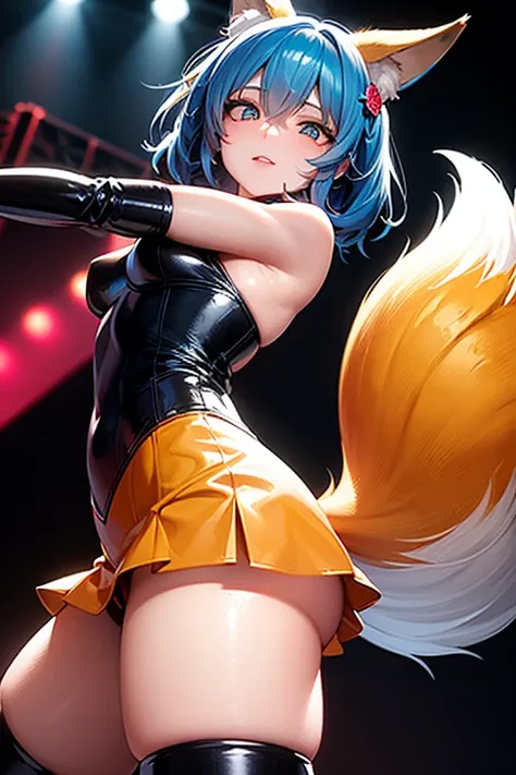 verinadef, blue hair, hair ornament, medium hair,  hair flower, gloves, red latex gloves,
detailed eyes, shining eyes, 
choker, necklace, on stage, shining skin, light up skin, oily detailed skin, 
((vivid light up to the stage)), (fox ears), a fox tail, o...