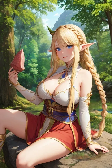 A beautiful elf princess with long braided blonde hair, elf ears, blue eyes, thin lips, round face, medium breasts, wearing a torn red tunic, eating a very large piece of boar meat, sitting on a rock, in the forest setting , expressive and funny scene (SFW...