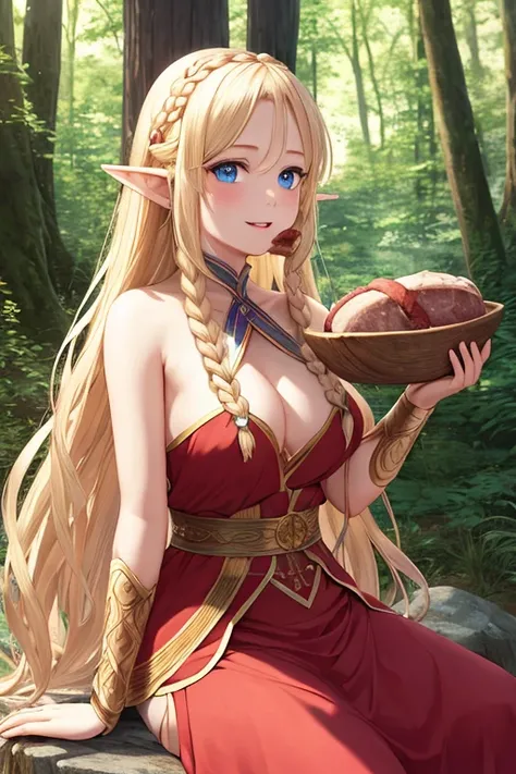 A beautiful elf princess with long braided blonde hair, elf ears, blue eyes, thin lips, round face, medium breasts, wearing a torn red tunic, eating a very large piece of boar meat, sitting on a rock, in the forest setting , expressive and funny scene (SFW...