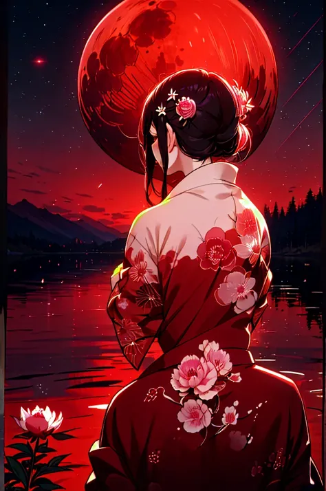 Very detailed, high quality, masterpiece, beautiful, night, (Dark Environment), Mountain々, water, wood, Red Moon, Peony, PeonyKimono, hair ornaments, Hair Flowers, Double good, From behind,