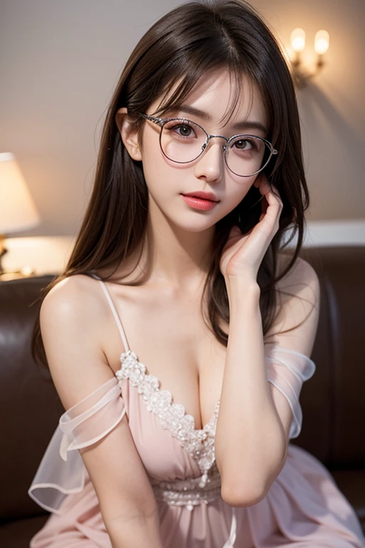 Masterpiece, highest quality, realistic, very detailed. Subtleties High resolution 8k wallpaper beautiful woman. Wearing a dark blue see-through shirt. living room. Light brown messy hair. The perfect dynamic composition of beautiful and beautiful eyes gra...