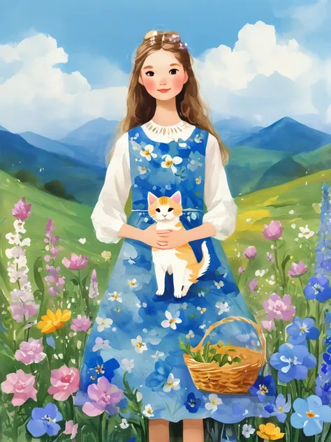 (beautiful young girl wearing a beautiful dress made of blue flowers:1.5)，(holding a cute kitten:1.5)，beautiful landscape backgr...