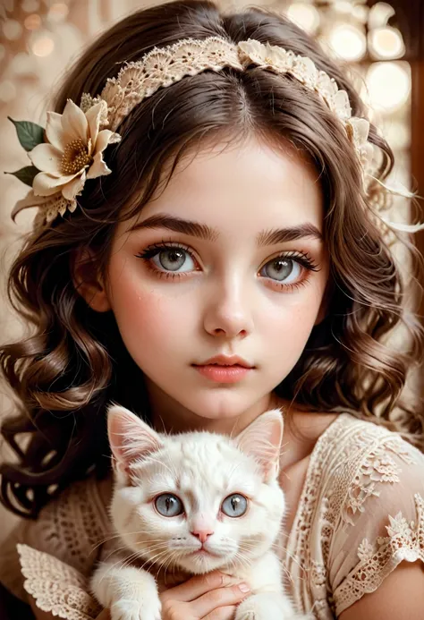 girl with cat, a girl with a cute kitten,sepia toned photography,beautiful detailed eyes,beautiful detailed lips,extremely detai...