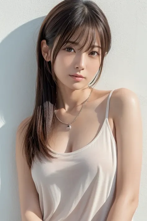 (Highly realistic photos, High resolution, Detailed face, Fine Eyes), ((Photographed in front of a white wall))、Japanese women, 40 years old, various expressions, alone:1, Slim figure, Mr.々Hair style, Casual clothing, Only one person is in the photo、nude、C...