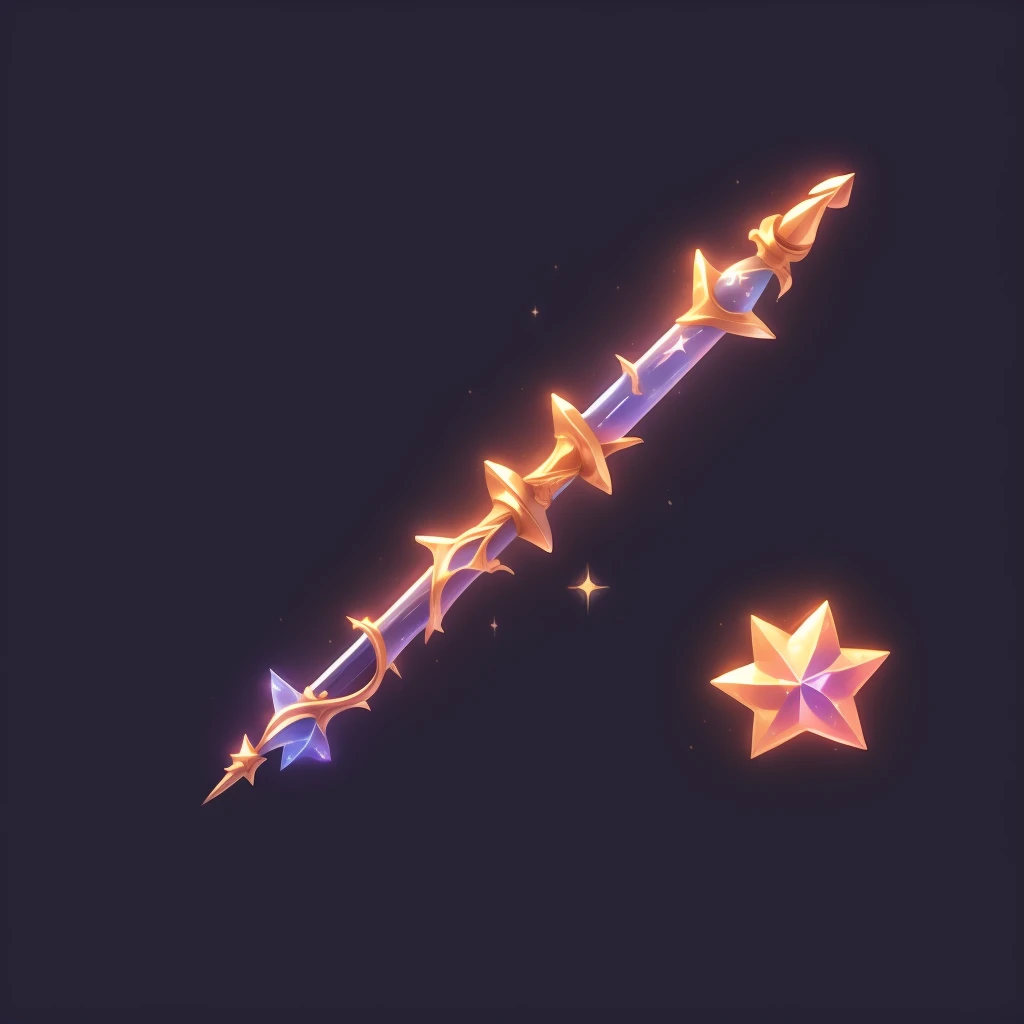 Game Icons institute, Game Icons, Cute long magic wand, No humans, Star-shaped wand, Black background, still life, Simple Background, Particles of light, Shine,