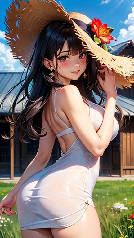 A girl is posing for a photo, cute女の子, Enchanting girl, 

(Black Hair, Wavy Hair, Long Hair), (Red eyes), 
(White floral dress:1.2, White Mules:1.2, Wear a straw hat:1.2)、Red Gem Earrings、

(((highest quality)), ((masterpiece)), (Very detailed), (High reso...