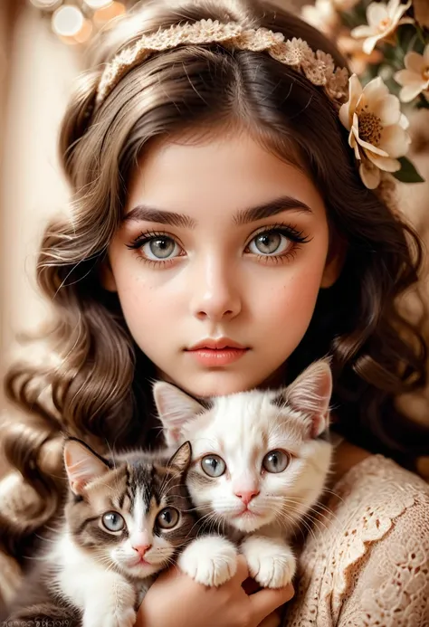 Girl with Cat, A girl with a cute kitten,sepia toned photography,beautiful detailed eyes,beautiful detailed lips,extremely detailed eyes and face,long eyelashes,vintage style,crochet flowers,1967,soft lighting,warm color palette,film grain effect,bokeh bac...