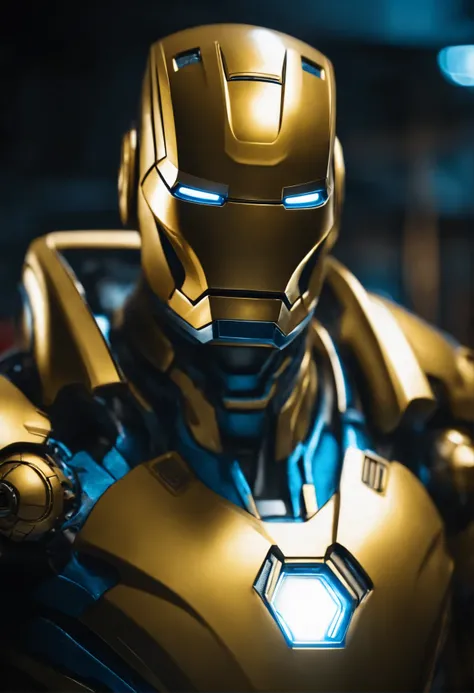 a highly detailed yellow iron man, beautiful detailed eyes glowing bright blue, intricate metal shell with complex textures and decorations, cinematic dramatic lighting, hyper realist