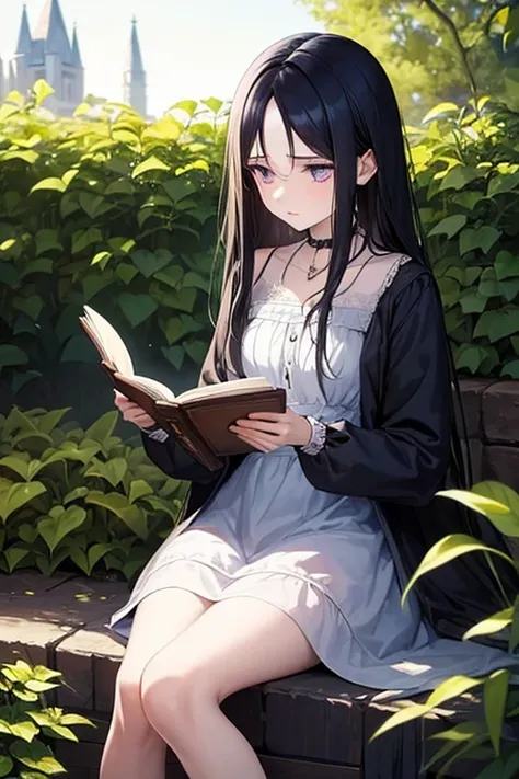 Coraline, a young girl of 19 years old, black long hair, hazel eyes, pale skin, weak body, wears a light navy blue dress, has a gold necklace,sad expression,soft pink lips,she is sitting in the garden of a large mansion,she is reading a book