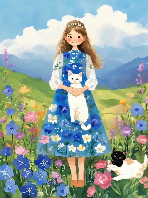 (beautiful young girl wearing a beautiful dress made of blue flowers:1.5)，(holding a cute kitten:1.5)，beautiful landscape backgr...