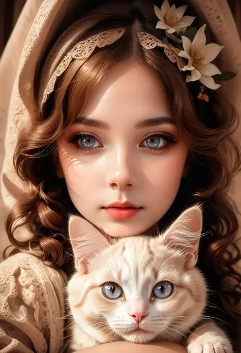 Girl with Cat, A girl with a cute kitten,sepia toned photography,beautiful detailed eyes,beautiful detailed lips,extremely detailed eyes and face,long eyelashes,vintage style,crochet flowers,1967,soft lighting,warm color palette,film grain effect,bokeh bac...