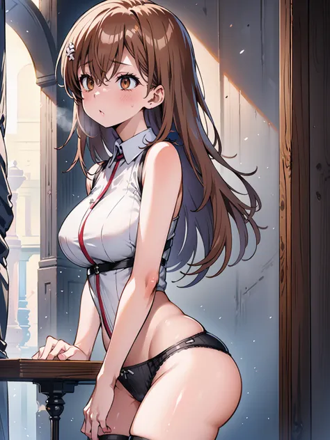 Misaka Mikoto、Beautiful woman、Very thick thighs、Acme Face、Best image quality、High resolution、masterpiece、super high quality、Thick pubic hair、Screaming orgasm face、Striped panties、Striped bra、Very big ass、Very large breasts  、Blushing、4K quality、Blushing、Cr...