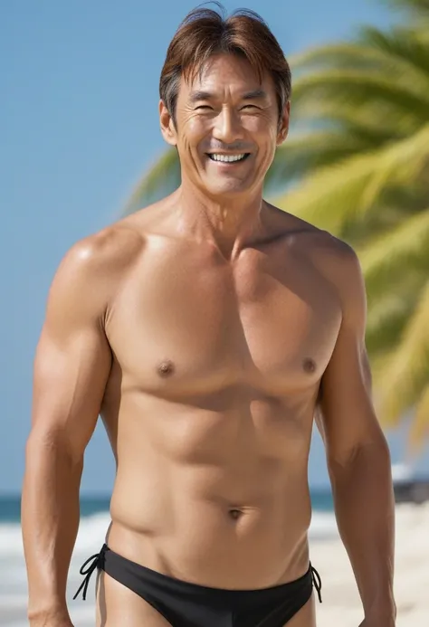 photo, 8k, sharp focus, brown hair, japanese mature male, male actor, heavy weight male celeb, male black bikini, topless, tanned skin, light smile, mixed with Japanese and American