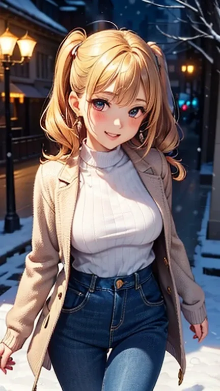 A girl is posing for a photo, cute女の子, Enchanting girl, 

(Blonde, Forehead, Wavy Hair, Twin tails, Red string ribbon), (Red eyes), 
(Navy blue gown coat:1.2, Pale yellow high neck knit sweater:1.2, Blue denim long skirt:1.2)、Black choker、Red Gem Earrings、...