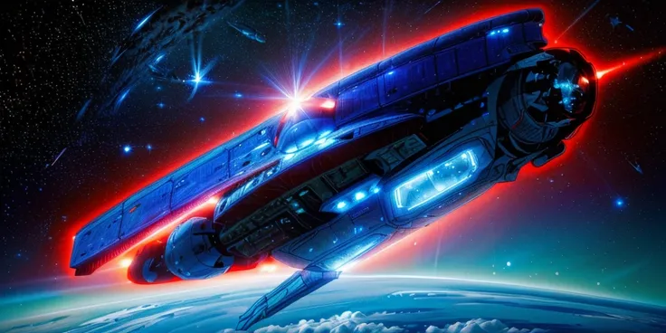 master piece, 8k detail, spaceship flying over the earth in space with a blue background, red sunlight is from upper left, stars blinking, space ship in dusk silhouette, led lights blinking, space ship in space, detailed space ship, an epic space ship scen...