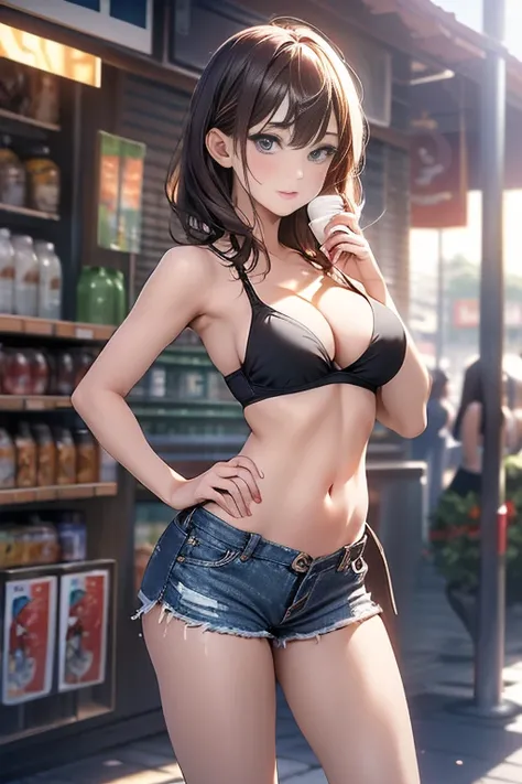 (masterpiece, Best Quality, ultra-detailed, high resolution, extremely detailed CG, official art, Professional Lighting, Perfect Anatomy, anime colors), (from below), looking at viewer, cowboy shot, perfect body, 24yo beautiful 1girl, medium hips, glamorou...