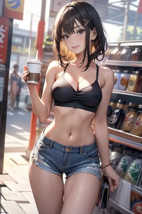 (masterpiece, Best Quality, ultra-detailed, high resolution, extremely detailed CG, official art, Professional Lighting, Perfect Anatomy, anime colors), (from below), looking at viewer, cowboy shot, perfect body, 24yo beautiful 1girl, medium hips, glamorou...