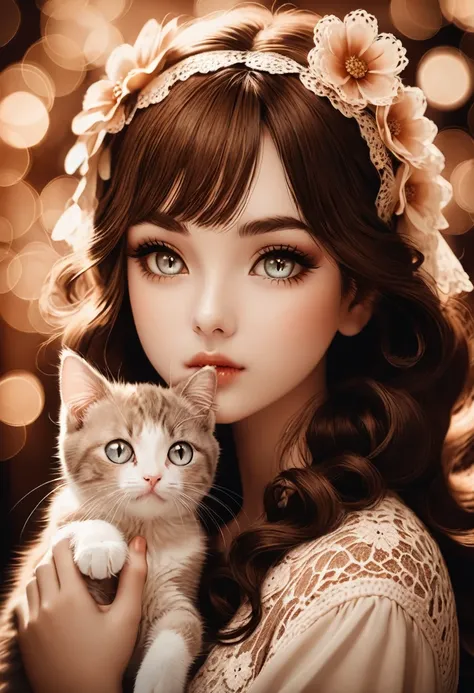 Girl with Cat, A girl with a cute kitten,sepia toned photography,beautiful detailed eyes,beautiful detailed lips,extremely detailed eyes and face,long eyelashes,vintage style,crochet flowers,1967,soft lighting,warm color palette,film grain effect,bokeh bac...