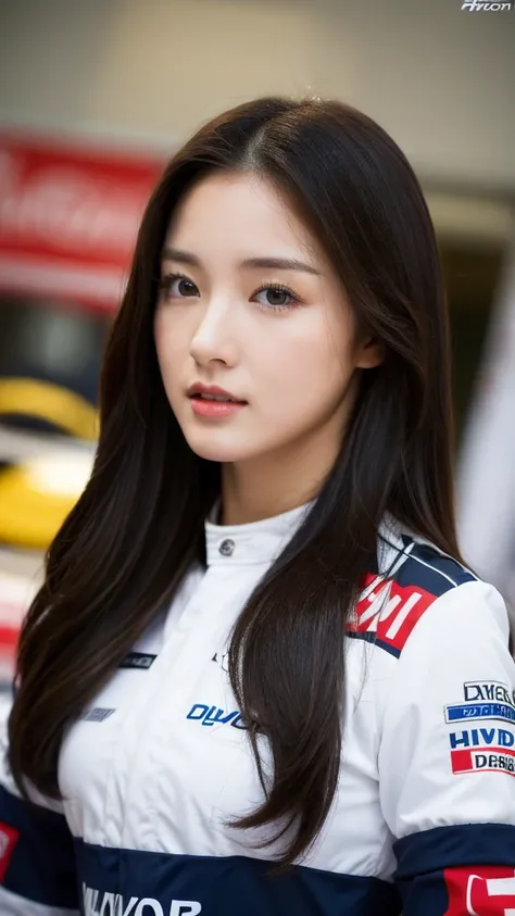 （hyperrealistic， high resolution：1.3）， 1 girl with the perfect body， Very detailed face and eyes，long hair, ：1.2，， big girl , Wearing a race driver f1 uniform