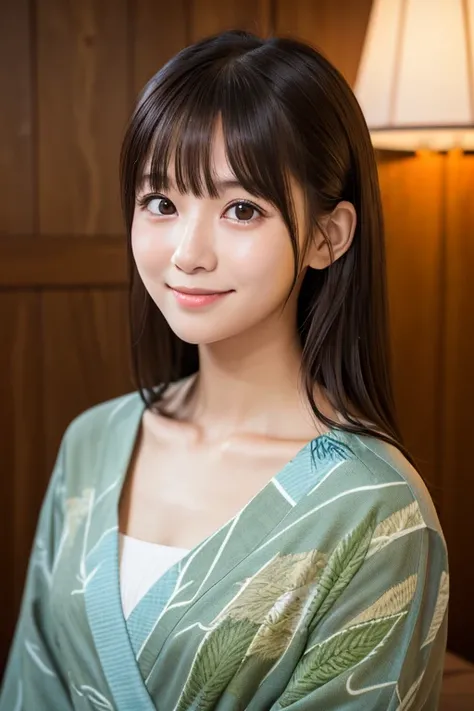 masterpiece, highest quality, (Beautiful woman:1.3), (24-years-old:1.3), Very fine grain definition, (Symmetrical eyes:1.3), (Upper Body:1.2),  (Hemp leaf pattern yukata:1.3), Brown eyes, Parted bangs, Brown Hair, Delicate girl, (Eye and facial details:1.0...